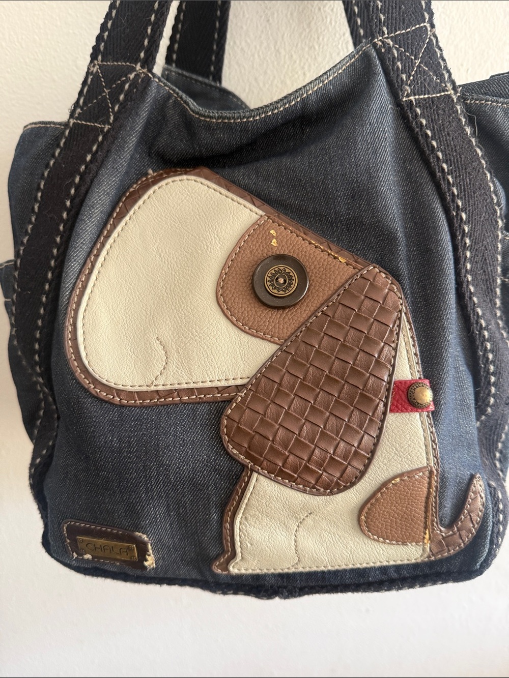 Chala denim Tote Bag with Dog Appliqué in Black and Cream - Picture 2 of 6